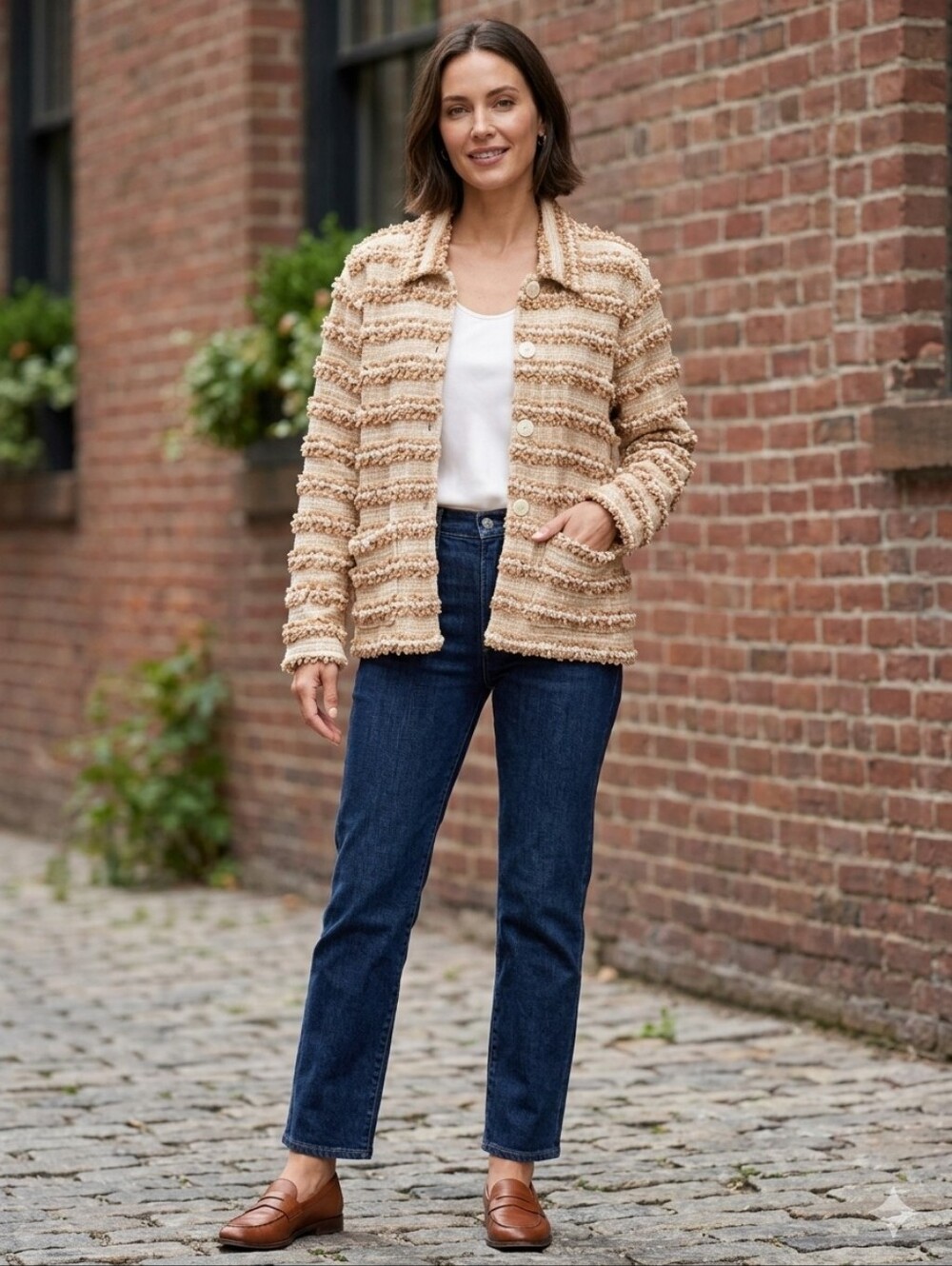Women’s Textured Bouclé Jacket - Cream & Tan
